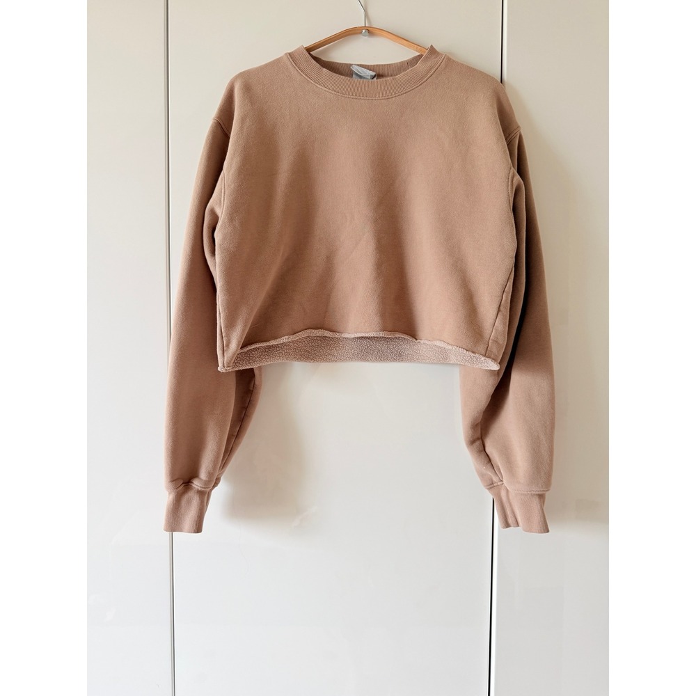 Aritzia Tna Cozy Fleece Cropped Crewneck Sweatshirt Taupe Camel Raw Hem Sz S